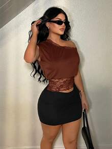 SHEIN SXY Elegant Lace Patchwork One-Shoulder Collar Blouse - Rust Brown - View 7
