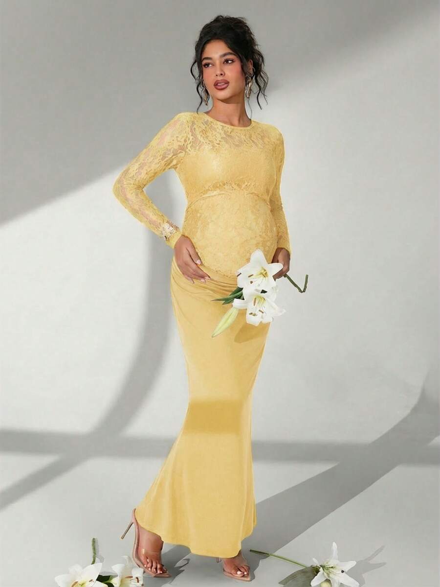 Cheriluna Maternity 纯色蕾丝长袖荷叶边鱼尾孕妇摄影连衣裙 - 黃色 - 查看 1
