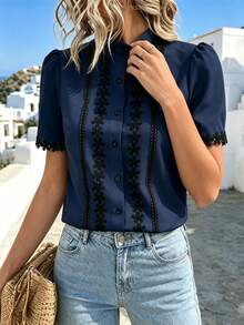EMERY ROSE Apricot Lace Collar Short Sleeve Blouse For Women - Navy Blue - View 5