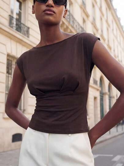 Maija Women's Minimalist Fashion Asymmetrical Ruched Sleeve T-Shirt, Casual Wear,Vacation Outfits Women