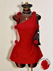 Franclia Đầm ngắn cổ yếm họa tiết hoa màu đỏ không tay dành cho nữ - Đỏ - Xem 1