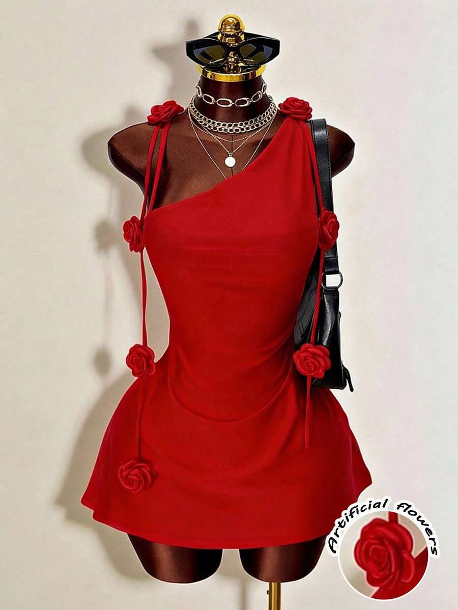 Franclia Đầm ngắn cổ yếm họa tiết hoa màu đỏ không tay dành cho nữ - Đỏ - Xem 1