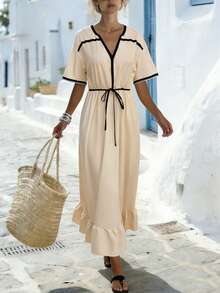 SHEIN Holidaya Đầm dài màu đen và kaki dành cho nữ, cổ chữ V, tay ngắn, viền bèo nhún, đầm dài, đầm đi nghỉ mát, trang phục mùa hè, đầm nghỉ hè, đầm dài thường ngày, đầm sinh nhật, dáng chữ X, và đầm dài thanh lịch, lãng mạn. - Màu be - Xem 7