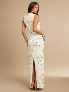 Silquee Đầm ôm sát không tay họa tiết jacquard trắng và vàng thanh lịch cho nữ, đầm dự tiệc cưới mùa hè cho tiệc cocktail, kỳ nghỉ bãi biển, đầm lễ hội trang trọng - Màu be - Xem 2