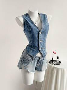 SHEIN Women's All-Over Print Single-Breasted Casual Versatile Daily Wear Denim Vest Jacket - Blue - View 7