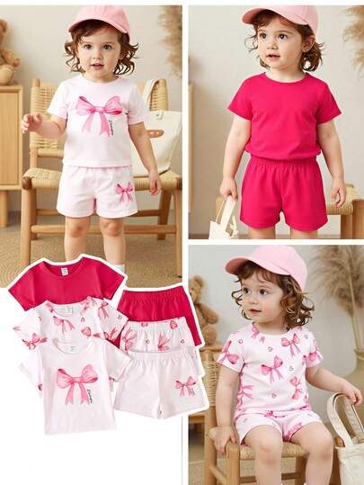 SHEIN Vintaside Kids 6件套女婴幼儿新生儿0-3岁春夏新款可爱水彩蝴蝶结纯色T恤短裤套装