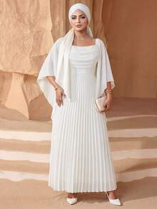 SHEIN Lady CURVE 大码优雅纯色方领褶皱下摆中长连衣裙，夏季 - 白色 - 查看 6