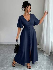 Elenzga Plus Size Women V-Neck Ruffle Trim Short Sleeve Elegant Button Design Dress - Navy Blue - View 4