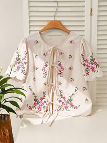 SHEIN Frenchy Plus Size Women Floral Embroidery Front Tie Short Sleeve Shirt - Apricot - View 2