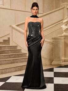 Coutiva Đầm dạ hội satin đính cườm, kiểu quây ngực, dành cho nữ (được trang trí cầu kỳ) - màu đen - Xem 7