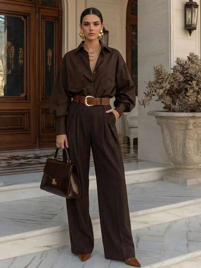 Anewsta Women's Summer Sunmmer Outfits Commuter Outfit, Fashionable And Luxurious Brown Suit Pants With Detachable Belt, Elegant And Unique Design Women's Trousers. Women's Commuter Outfit Work Outfits For Women, Suitable For Work, Outings, Dates, And Daily Wear