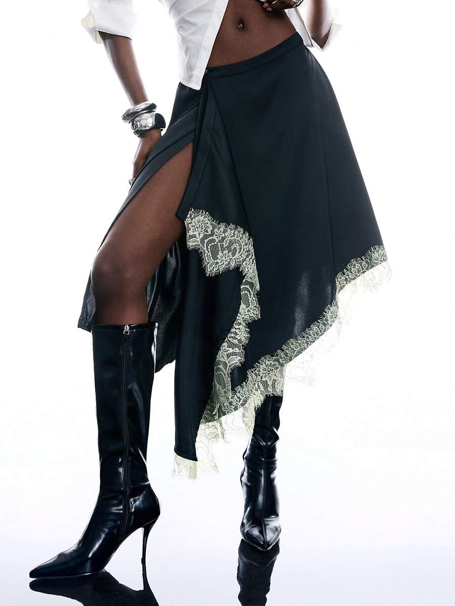 LYSMO Chân váy ren ghép mảnh vạt bất đối xứng dành cho nữ - màu đen - Xem 1