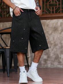 Manfinity EMRG Men's Rhinestone Decorated Loose Fit Wide Leg Bermuda Denim Shorts, Spring/Summer - Black - View 6
