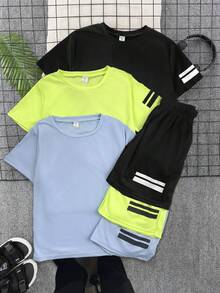 SHEIN 6件套青少年男童休闲短袖T恤短裤套装，运动装，街头朋克摇滚风格，适合春夏穿着，蓝色、黑色、绿色 - 彩色 - 查看 5