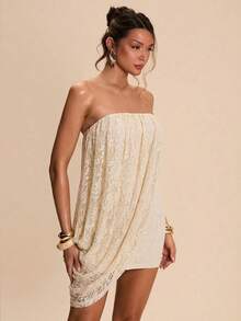 SHEIN BAE Vestido mini elegante con volantes de encaje, para verano - Albaricoque - Ver 3