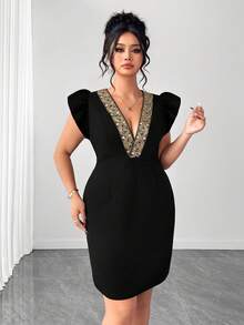 Elenzga Plus Size Women Elegant Commuter Gold Line Lace Waist Dress - Black - View 3