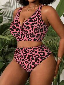 Slaydiva Plus Size Women's 2pcs Leopard Print V-Neck High Waist Triangle Bikini Swimwear Vacation Summer - Multicolor - View 4