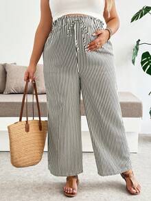 Plussiva Maternity Plus Size Casual Everyday Striped Elastic Waist Bottoms Vacation Outfits Fall - Apricot - View 3