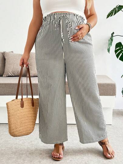 SHEIN Quần dài kẻ sọc cạp chun dành cho bà bầu cỡ lớn, kiểu dáng thường ngày.