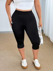 Enliva Plus-Size Women's Solid Color 7/8 Stretch Leggings, Cool Summer Quick-Drying And Sun-Protective Leggings Leggings Plus Size Tummy Control, For Apple And Rounded Body Shape - Black - View 3