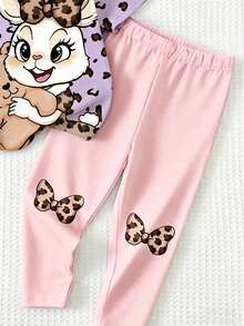 2pcs/Set Baby Girls Cute Rabbit & Leopard Print Top And Leggings Set,Summer Casual Purple Family Matching Round Neck T-Shirt And Skinny Pants Outfit - White - View 5