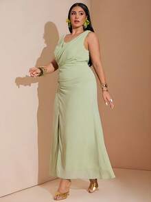 SHEIN BAE Große Größen Elegantes grünes Wickelkleid mit hohem Schlitz für Damen - Grün - Übersicht 5