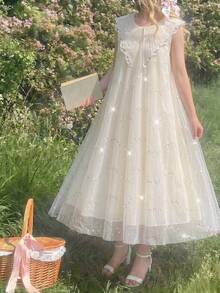 Đầm không tay đính sequin và cổ ngọc trai cho bé gái, thích hợp mặc hàng ngày, dự tiệc, sinh nhật. - Màu be - Xem 1