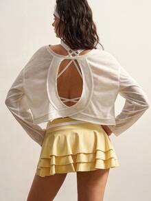 VARSITIE 女士休闲圆领露背长袖宽松舒适时尚 T 恤 - 白色 - 查看 10