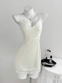 Elamini Women's V-Neck Lace Patchwork Waist Fitted Bodycon Dress - Apricot - View 4