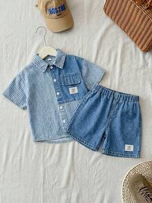 SHEIN 2件套 男童宽松牛仔蓝短袖衬衫和短裤套装 - 淺色水洗藍 - 查看 9