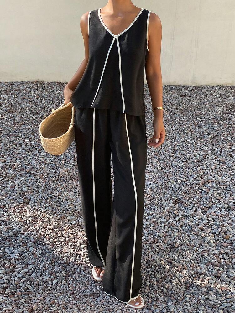 Women's Patchwork Contrast Color Business Jumpsuit, Casual Vacation Street Style Two Pieces Set