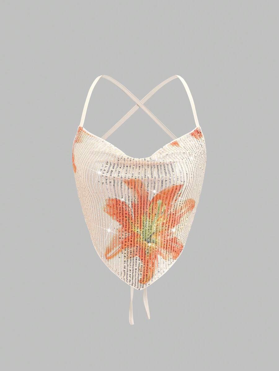 Sweetra Áo croptop gợi cảm, chất liệu vải đính cườm, kiểu dáng hở lưng, dây chéo, cổ khoét sâu, thích hợp cho kỳ nghỉ hè, đi biển, dự tiệc hoặc câu lạc bộ, dành cho nữ. - Nhiều màu - Xem 1