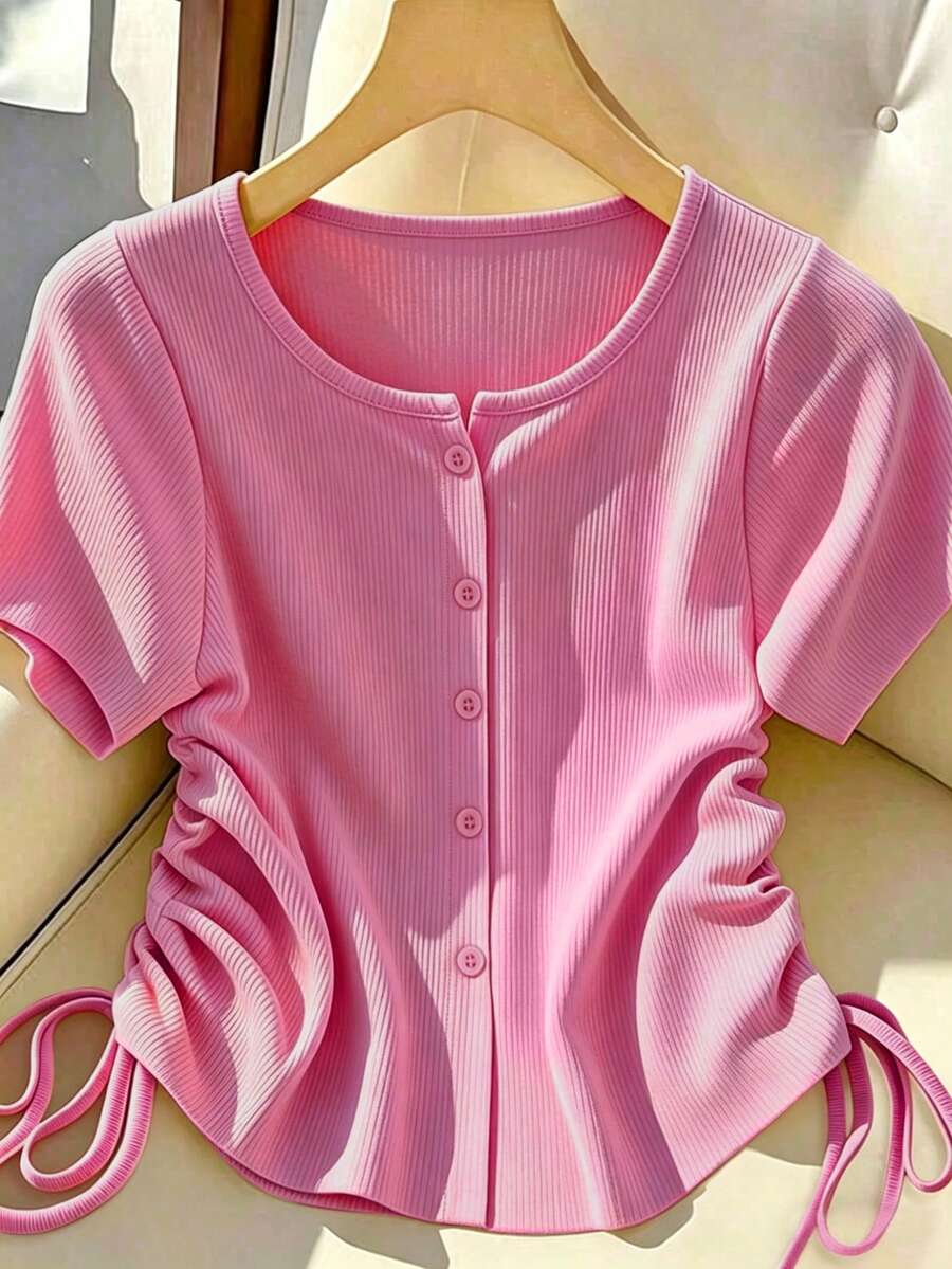 Franclia Women's Solid Color Minimalist Drawstring Short Sleeve T-Shirt, Casual Everyday Wear - Pink - View 1
