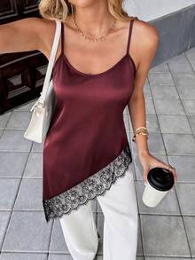 Pariaura 女款優雅性感酒紅色夏季緞面細肩帶背心上衣，誘人夜店外出絲綢蕾絲不對稱下擺無袖襯衫 - 酒紅色 - 查看 5