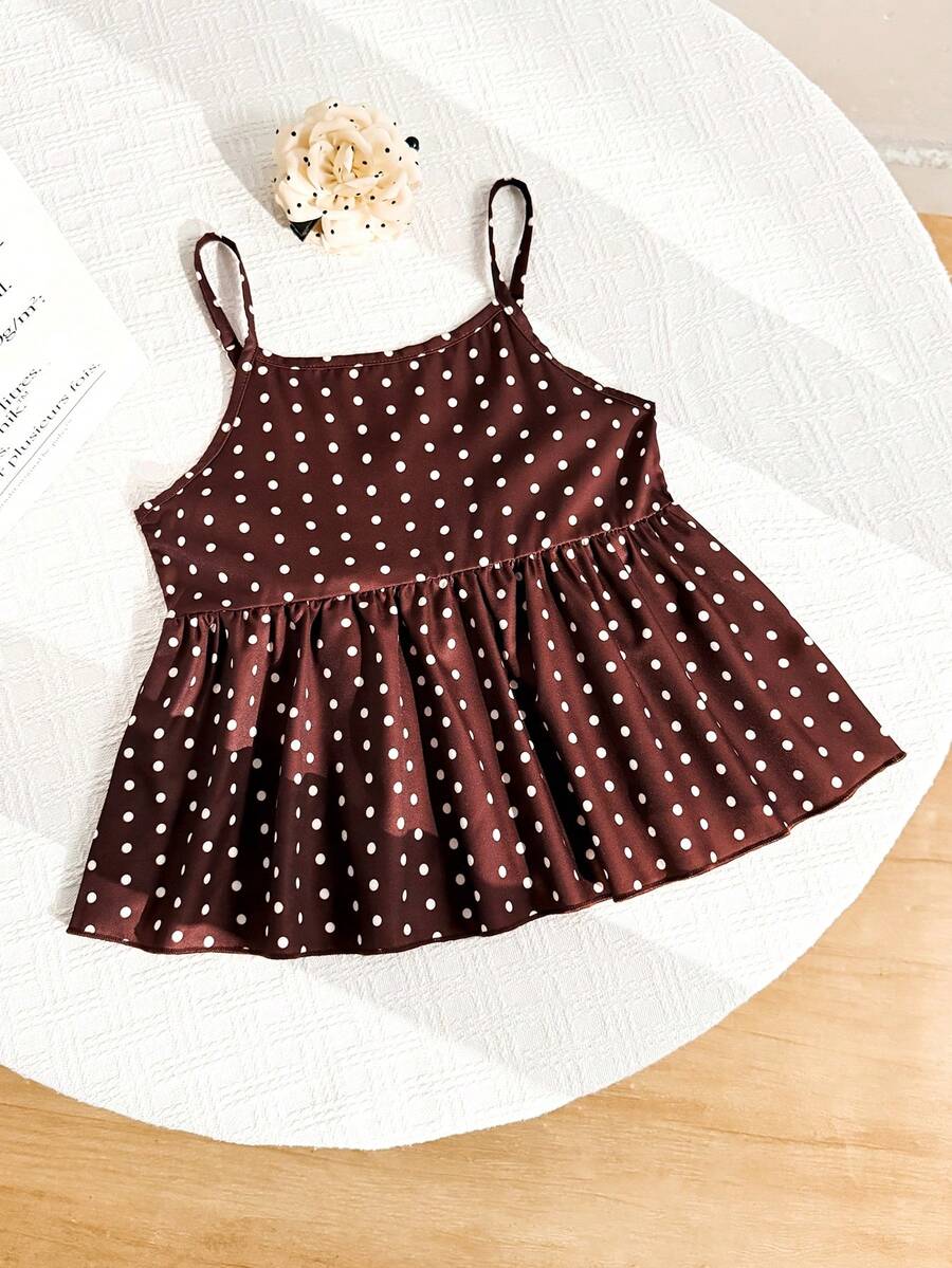 Áo hai dây chấm bi màu xanh hải quân kiểu Pháp cổ điển mùa hè mới cho bé gái, thắt nơ, dây đeo vai điều chỉnh được, eo xếp ly, dáng ngắn, dễ thương. - màu nâu - Xem 1