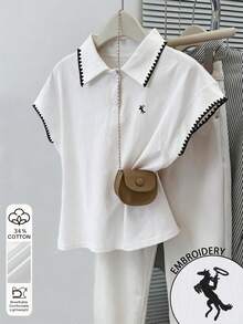 Resyla Fashionable Minimalist White Women's Collar Half-Placket Raglan T-Shirt, Gift For Friends - White - View 1