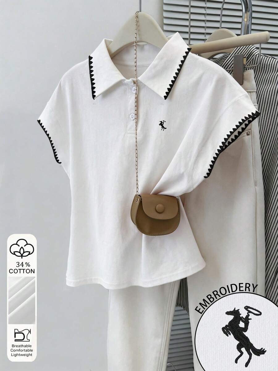 Resyla Fashionable Minimalist White Women's Collar Half-Placket Raglan T-Shirt, Gift For Friends - White - View 1