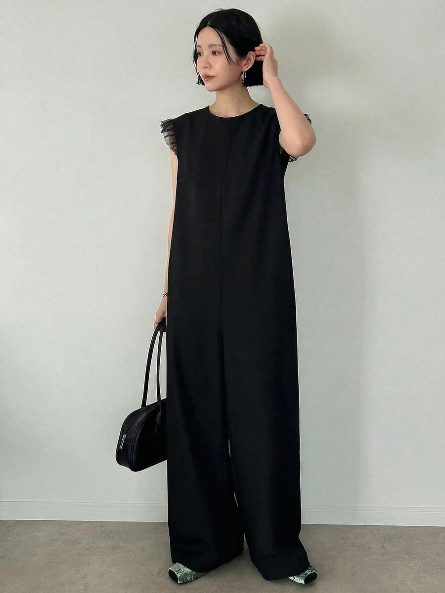 FRIFUL 女款純色深V領網布拼接寬鬆休閒連身褲，百搭春夏季女裝連身褲 - 黑色 - 查看 1