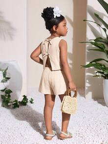 Young Girl Casual Texture Fabric Vest And Shorts Set - Apricot - View 6