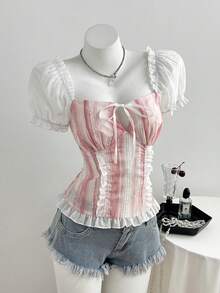 Elamini Áo sơ mi nữ thắt eo in họa tiết dễ thương, mới, thích hợp cho kỳ nghỉ thường ngày, đi làm, màu hồng nữ tính. - Hồng - Xem 4