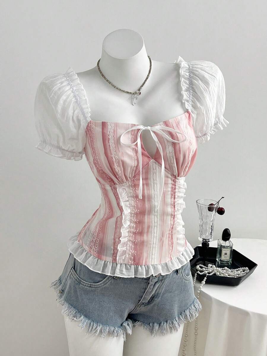 Elamini Áo sơ mi nữ thắt eo in họa tiết dễ thương, mới, thích hợp cho kỳ nghỉ thường ngày, đi làm, màu hồng nữ tính. - Hồng - Xem 1