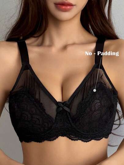 DAZY Áo ngực màu đen dành cho nữ, chất liệu ren lưới phối nhiều mảnh, hơi xuyên thấu, có đệm nhẹ và dây đeo điều chỉnh được.