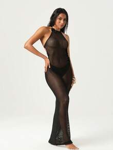Swim Chiccia Vestido elegante con espalda descubierta y ganchillo de SHEINxMelMaia para mujer - Negro - Ver 3