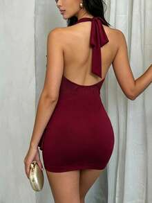 Glamine Đầm ngắn cổ yếm chữ V thanh lịch, kiểu dáng thường ngày, phù hợp cho các buổi hẹn hò, tiệc tùng, dạ hội và mặc hàng ngày. - Màu Đỏ Sâu - Xem 3
