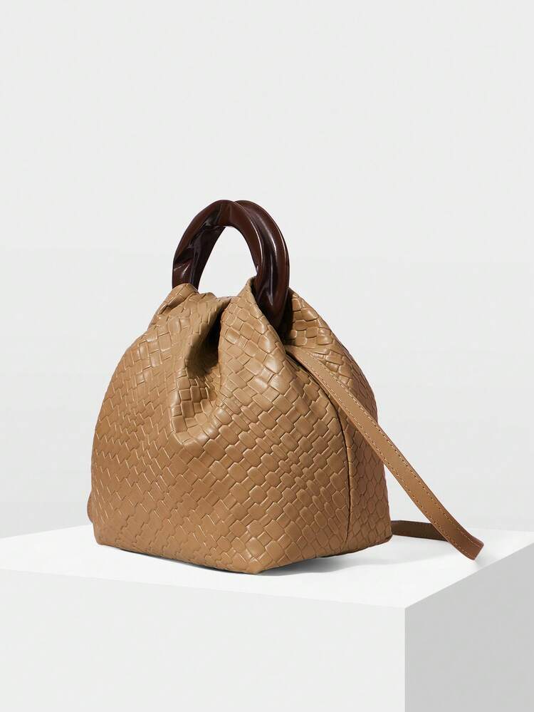 LADIES BROWN HANDBAG, EXQUISITE AND SIMPLE VACATION WOVEN PU HANDBAG, ROUND HANDLE, OLD MONEY STYLE, VACATION STYLE, RETRO STYLE, SUITABLE FOR LADIES, MOTHERS, COMMUTE, VACATION, DAILY, SHOPPING, TRAVEL