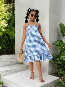 SHEIN Tween GirlsRainbow Striped Print Sleeveless Ruffle Hem Casual Vacation Dress - Blue - View 4