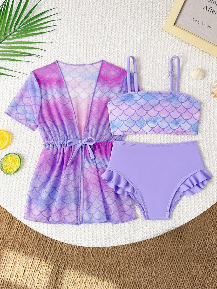 SHEIN 女婴三件套泳衣：可爱紫色美人鱼鳞片渐变针织开衫、吊带上衣+荷叶边泳裤，时尚优雅，适合游泳、夏季度假、海滩、泳池、节日派对等场合。