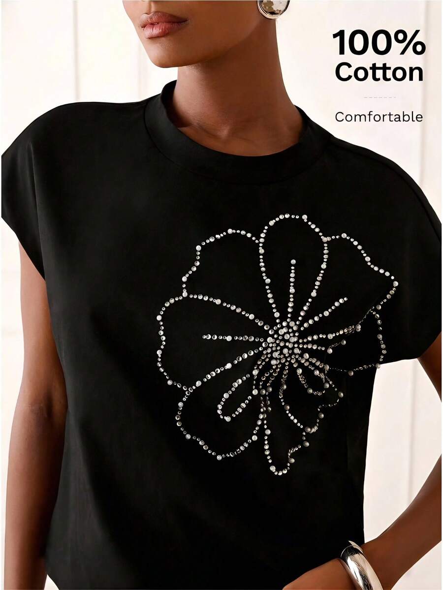 Lilora Áo thun cotton nữ thanh lịch đính đá lấp lánh - màu đen - Xem 1