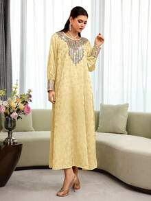 Al Najma Geometric Neckline Floral Beaded Striped Tie-Front Jacquard Arabic Style Dress - Yellow - View 4