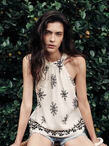 SHEIN Holidaya Women's Black And Beige Floral Embroidered Halter Neck Tank Top, Boho Casual Chic Elegant Summer Vacation Blouse, Loose Fit Flowy A-Line Camisole - Apricot - View 7